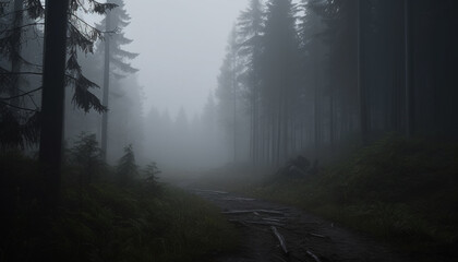 Naklejka premium A spooky forest footpath vanishing into the mysterious fog generated by AI