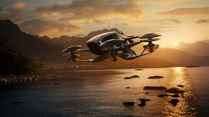 EVTOL Electric Vertical Take Off and Landing Aircraft flying over a river as the sun sets