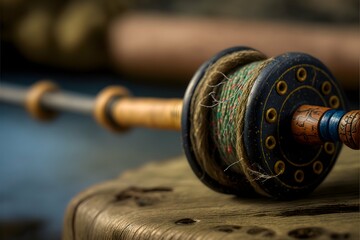 a close up of a wood fishing rod from 1944 in Northern Norway Macro lens highly detailed  - obrazy, fototapety, plakaty