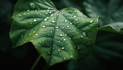 Vibrant green leaf with dew drop, reflecting new life and freshness generated by AI
