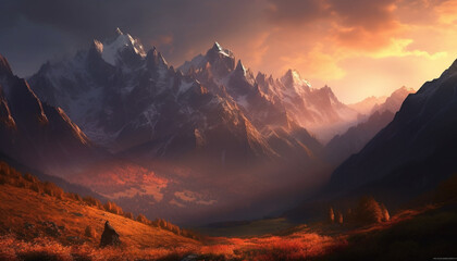 Majestic mountain peak in panoramic landscape, tranquil scene at dawn generated by AI