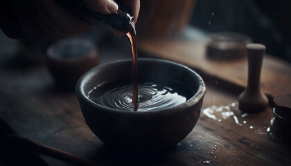 Fototapeta na wymiar Handmade pottery bowl filled with fresh chocolate dessert preparation generated by AI