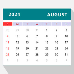August 2024 calendar template. Vector design - obrazy, fototapety, plakaty