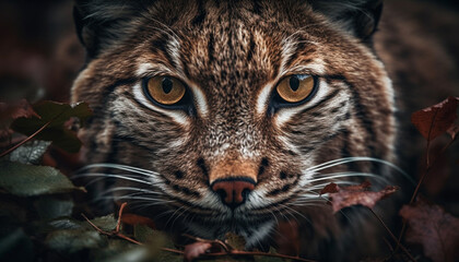 Obraz premium Feline beauty in nature close up of wild bobcat staring generated by AI
