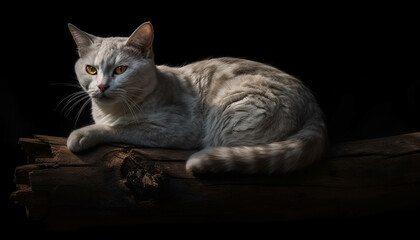 Fluffy kitten staring, cute whiskers, playful tail, alertness in nature generated by AI