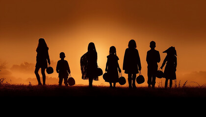 Family walking in nature at dusk, silhouettes back lit by sunset generated by AI