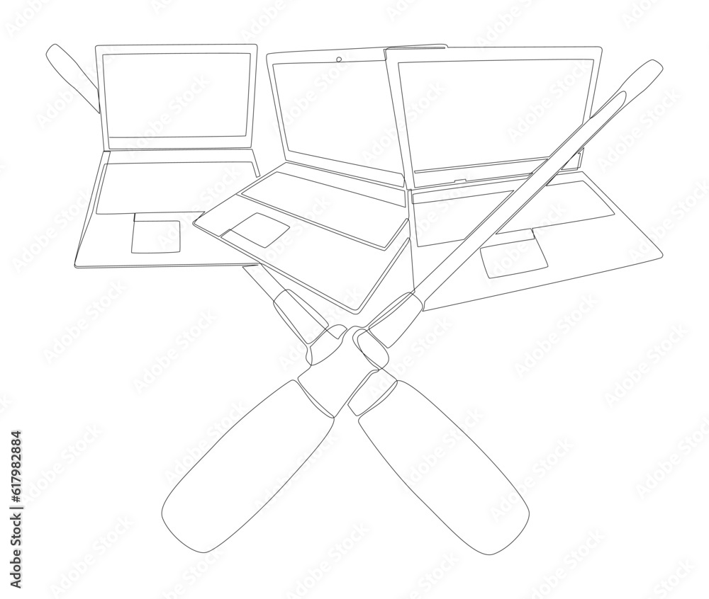 Poster one continuous line of laptop with screwdriver. thin line illustration vector concept. contour drawi