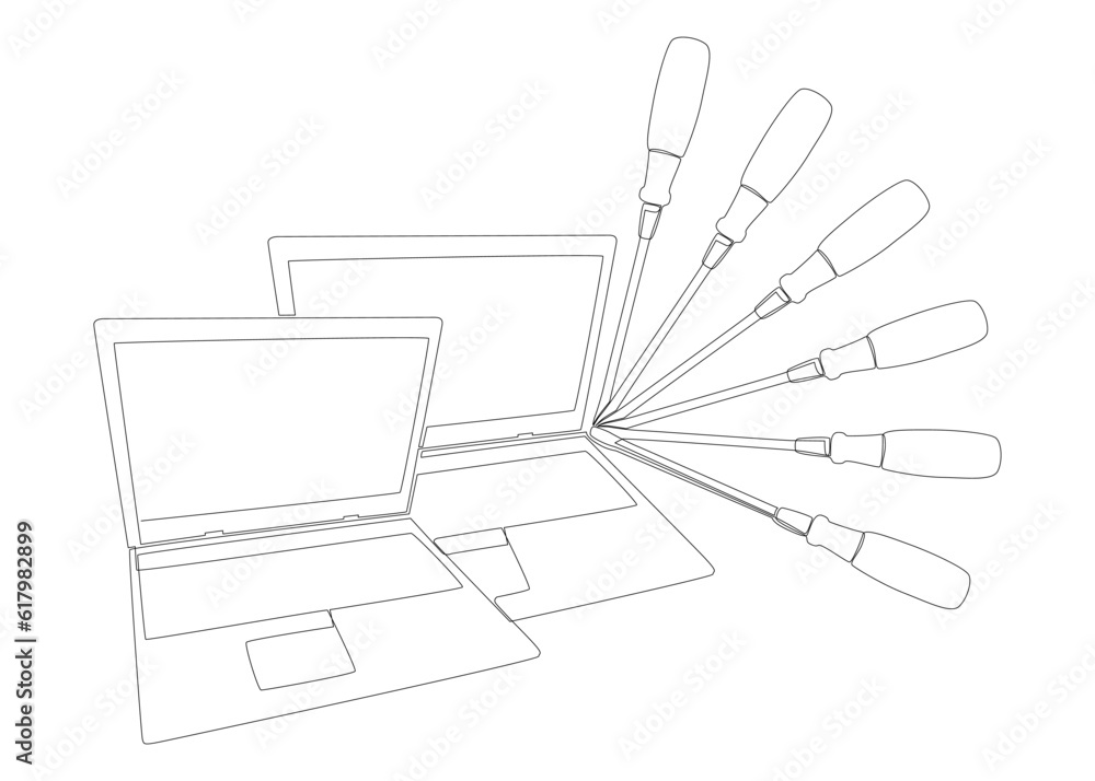 Poster one continuous line of laptop with screwdriver. thin line illustration vector concept. contour drawi