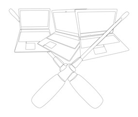 One continuous line of Laptop with Screwdriver. Thin Line Illustration vector concept. Contour Drawing Creative ideas.