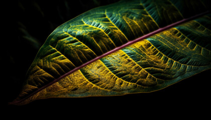 Vibrant multi colored leaf pattern in tropical rainforest backdrop generated by AI