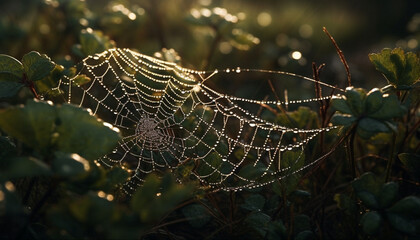 Spider web glistens with dew drops on a green leaf generated by AI