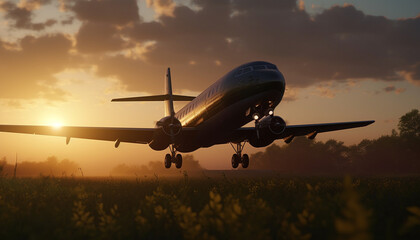 Fototapeta na wymiar Flying commercial airplane taking off at sunset, moving down mid air generated by AI