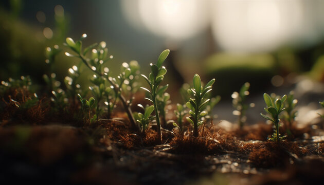 Fresh green growth of a plant in macro, outdoors in springtime generated by AI