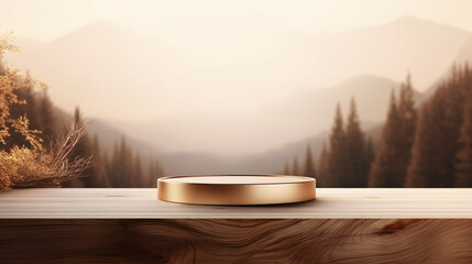 Minimal composition of golden podium for product presentation, mock-up in mountain landscape background, natural ligting, Generative AI.