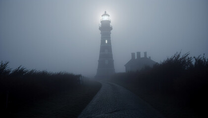 The spooky lighthouse beacon illuminates the dark, mysterious coastline generated by AI