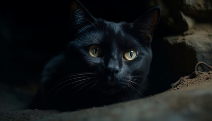 Cute kitten staring with alertness, fluffy fur and whiskers outdoors generated by AI