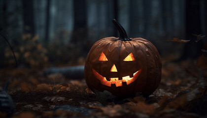 Obraz premium Glowing pumpkin lantern illuminates spooky Halloween night in autumn forest generated by AI
