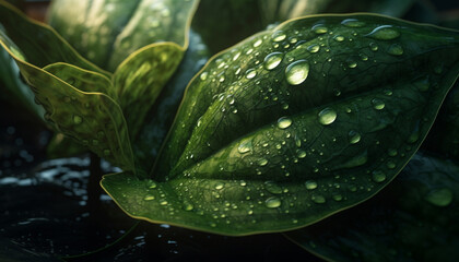 Vibrant green leaf with dew drop reflects beauty of nature generated by AI