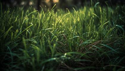 Vibrant green meadow, fresh growth, dew on blades of grass generated by AI
