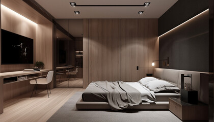 Modern luxury bedroom design with comfortable bedding and elegant lighting generated by AI