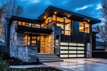 Sleek Architecture Meets Artful Design: A Modern Residence with Dark Green Siding and Natural Stone Details, Complete with a Two-Car Garage, generative AI