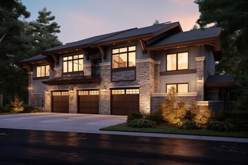 Distinctive Brand New Property with Avant-Garde Aesthetic, Featuring a Three-Car Garage, Brown Siding, and Natural Stone Pillars, generative AI