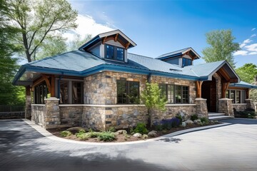 Fototapeta premium Distinctive Brand New Property: Avant-garde Aesthetic with Three-car Garage, Light Blue Siding, and Natural Stone Pillars, generative AI