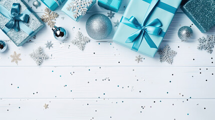 Creative christmas composition. Presents in blue wrapping paper with silver sparkles