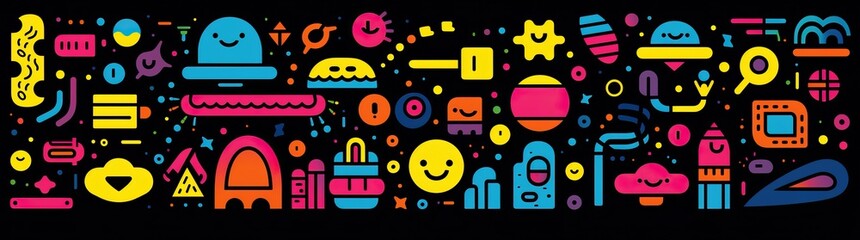 doodle a collection of colorful signs, in the style of distorted figures and forms, cartoon black background