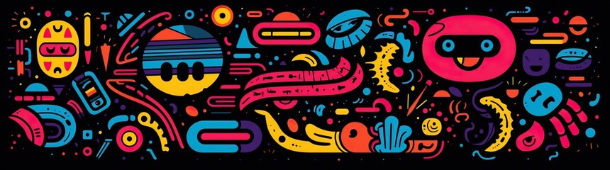 doodle a collection of colorful signs, in the style of distorted figures and forms, cartoon black background