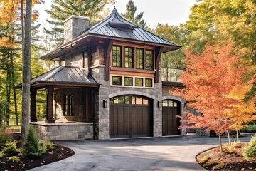 Fototapeta premium Avant-Garde Aesthetic & Distinctive New Property: Coral Siding, Natural Stone Pillars & Three-Car Garage, generative AI