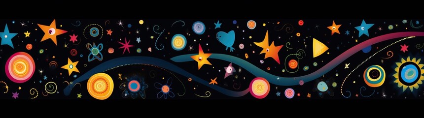 Naklejka premium doodle a collection of colorful signs, in the style of distorted figures and forms, cartoon black background
