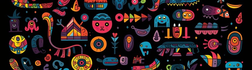 doodle a collection of colorful signs, in the style of distorted figures and forms, cartoon black background