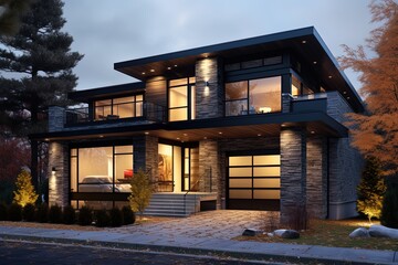 Cutting-Edge Architecture for an Edgy Fresh Development Property with a Three-Car Garage, Dark Green Siding, and Natural Stone Accents, generative AI