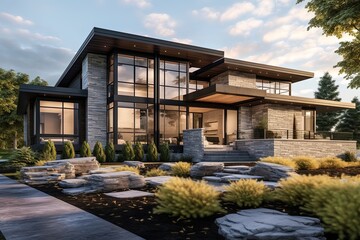 Cutting-Edge Development Property with Edgy, Fresh Architecture, Three-Car Garage, Coral Siding, and Natural Stone Accents, generative AI