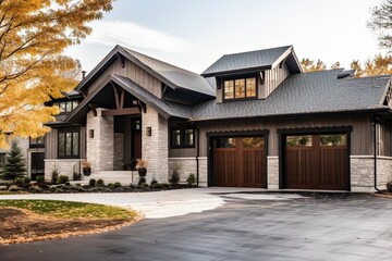 Fototapeta na wymiar Cutting-Edge Architecture Meets Edgy Fresh: Development Property with Three-Car Garage, Light Gray Siding, and Natural Stone Accents, generative AI