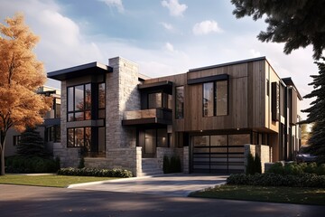 Cutting-Edge Architecture Defines Edgy Fresh Development Property with Three-Car Garage and Bronze Siding, generative AI