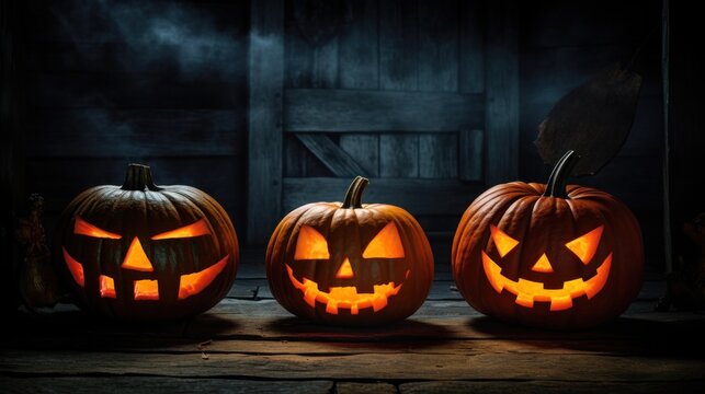 A spooky Jack-o-lanterns. Many Halloween Pumpkins in a row on dark background.
