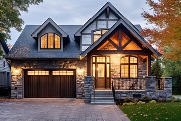 Fototapeta na wymiar Innovative Styling Shines in Exemplary Fresh Construction Dwelling with Double Garage and Light Gray Siding, Enhancing with Natural Stone Porch, generative AI