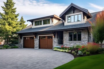 Double Garage and Innovative Styling: A Fresh Construction Dwelling with Light Green Siding and a Natural Stone Porch, generative AI