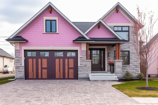 Exemplary Fresh Construction Dwelling with Innovative Styling and Double Garage: A Unique Blend of Pink Siding and Natural Stone Porch, generative AI