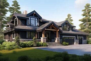 Cutting-edge Design Meets Eye-Catching New Development: Dark Blue Siding, Natural Stone Accents, and a Three-Car Garage, generative AI