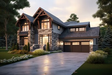 Cutting-Edge Design with Three-Car Garage | Eye-Catching New Development Property feat. Brown Siding & Natural Stone, generative AI