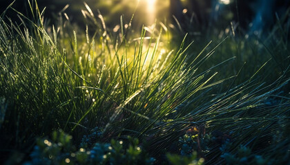 Vibrant meadow growth, dew drops glistening in sunlight backdrop generated by AI