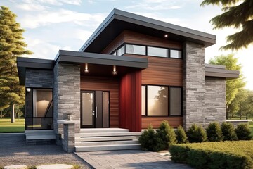 Contemporary Layout with Inspiring Features: Burgundy Siding, Natural Stone Cladding, Single Car Garage - A Unique New Build House, generative AI