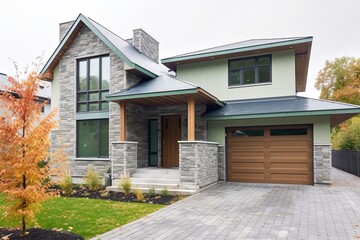 Fototapeta na wymiar Contemporary Layout and Inspirational Design: A Stunning New Build House with Single Car Garage, Light Green Siding, and Natural Stone Cladding, generative AI