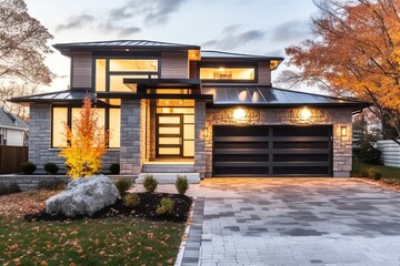 Contemporary Layout in an Inspirational New Build House with Single Car Garage, Light Gray Siding, and Natural Stone Cladding, generative AI