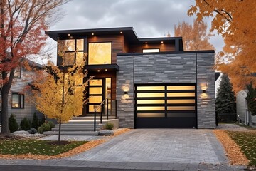 Contemporary Layout and Inspirational New Build House Featuring Gray Siding and Natural Stone Cladding with Single Car Garage, generative AI