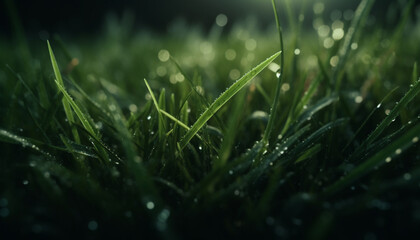 Vibrant green grass in dewy meadow, nature beauty in focus generated by AI