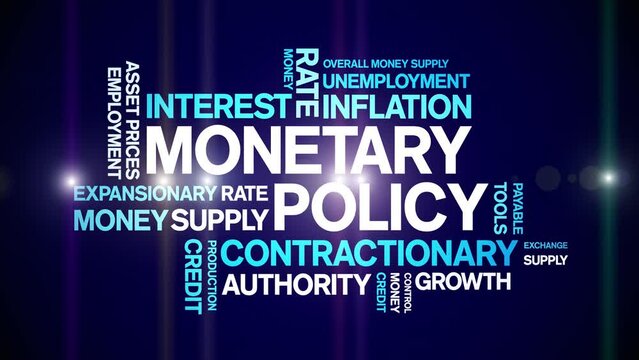 Monetary Policy animated tag word cloud;text design animation kinetic typography seamless loop.